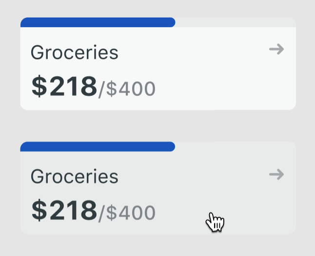 Screenshot: UI widget with a status bar, showing $218 of $400 spent on groceries
